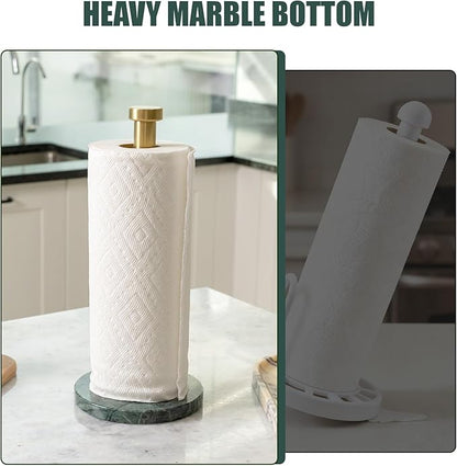 Koville Paper Towel Holder Countertop, Standing Paper Roll Holder with 6" Weighted Marble Base, Stone Paper Towel Holder with Gold Stainless Steel Rod for Kitchen Bathroom (Green)