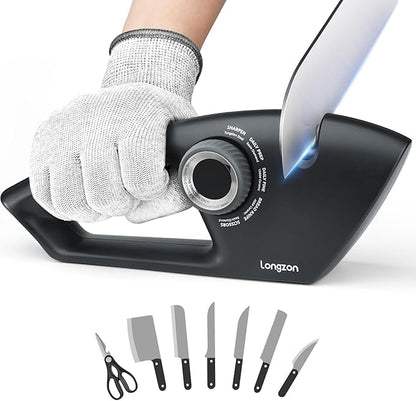 Longzon 6-in-1 Knife Sharpener 5 Stage with Cut-Resistant Glove, Manual Kitchen Tool for Straight & Serrated Knives, Quickly Sharpens Restores & Polishes Dull Blades Safe for Home Kitchen by Longzon