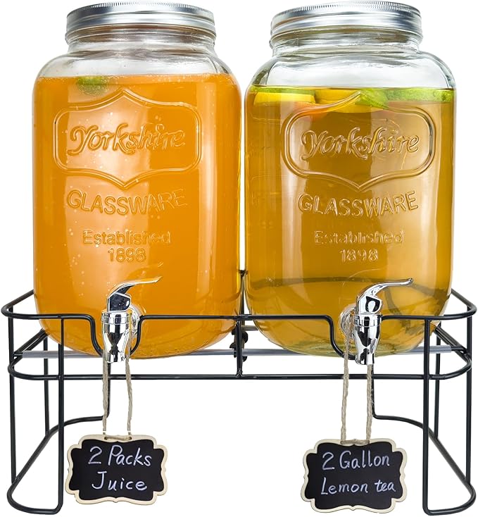 2 Gallon Larger Glass Drink Dispenser for Parties, 2 Packs Juice Lemonade Ice Tea Water Dispenser with Stand, HENABLE Beverage Dispensers with Spigot for BBQ, Picnic, Party by HENABLE