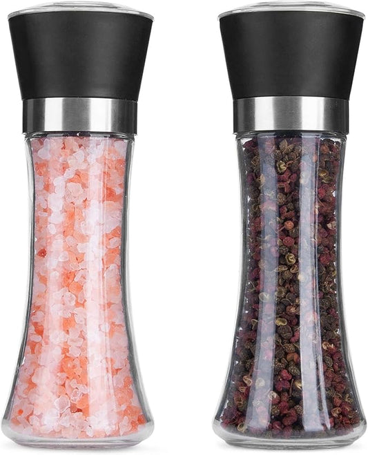 Hotder Premium Pepper and Salt Grinder Set of 2-Refillable Coarseness Adjustable Pepper Mill Shaker with Glass Body for Home,Kitchen(Two Pack) by Hotder
