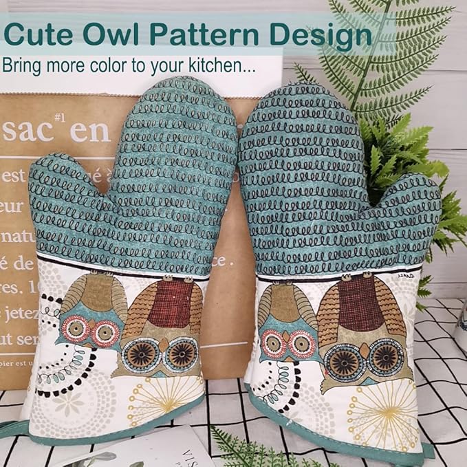 Oven Mitts and Pot Holders Sets, Funny Owl Kitchen Oven Mitts Heat Resistant 500 Degrees, Pure Cotton Hot Pads and Oven Mitts Sets for Baking,Cooking,BBQ Grilling-(Owl, 4Pcs)