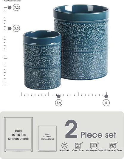 FUN ELEMENTS Kitchen Utensil Holder, 7.2+5.5" Super Large Utensil Crock Heavy and Stable Lace Emboss Ceramic Utensil Holder for Kitchen Counter(2Pcs Grayish Blue) - Image 4