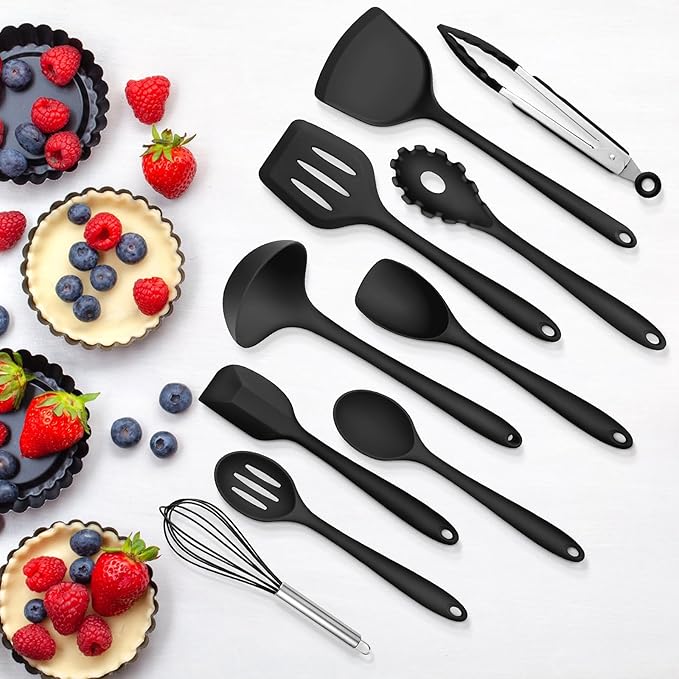 Silicone Cooking Utensils Set of 10, Leonyo Black Kitchen Utensils Set for Cooking, 446°F Heat Resistant Silicone Kitchen Tools with Turner Spatula, Soup Ladle, Serving Spoons for Nonstick Cookware