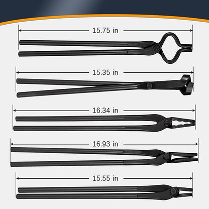 Blacksmith Tongs Set - V-Bit, Flat, Blade, Square Jaw, Wolf Jaw Tongs (5PCS)