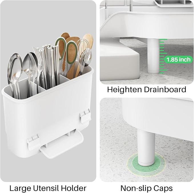 SAYZH Dish Drying Rack - Expandable Dish Rack for Kitchen Counter, Rust-Resistant Dish Drainer with Utensil Holder and Raised Guardrail, Kitchen Organizer for Cup and Bottle (White) - Image 8