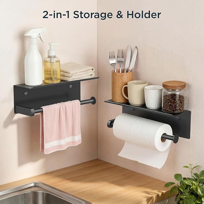 FORIOUS Paper Towel Holder with Shelf, SUS304 Stainless Steel Paper Towel Holder with Storage Shelf, Wall Mount Screw Paper Roll Organizer Commercial Paper Hand Towel Dispensers, Mattle Black - Image 2