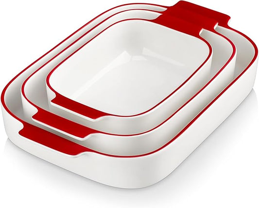 MALACASA Casserole Dishes for Oven, Ceramic Baking Dishes Set of 3, Rectangular Lasagna Pan Deep Baking Pans, Bakeware Sets with Handles Gift Set, White with Red Trim (13.8''/11.7''/9.4''), Series BAKE by MALACASA
