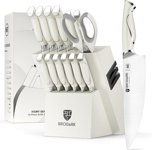 BRODARK Kitchen Knife Sets with Block and Built-in Sharpener - Ultra Sharp15 Pcs Full Tang Professional Chef Knife Set, High Carbon Super Steel Cutlery Set, Ivory Series with Gift Box for Mom by BRODARK