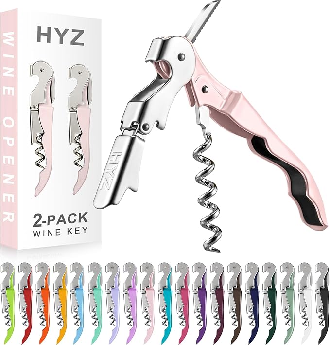 HYZ 2-Pack Wine Opener Waiter Corkscrew, Professional Wine Key for Servers, Bartender with Foil Cutter, Manual Wine Bottle Opener Double Hinged (Pink) by HYZ