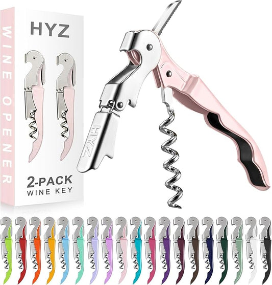 HYZ 2-Pack Wine Opener Waiter Corkscrew, Professional Wine Key for Servers, Bartender with Foil Cutter, Manual Wine Bottle Opener Double Hinged (Pink) by HYZ