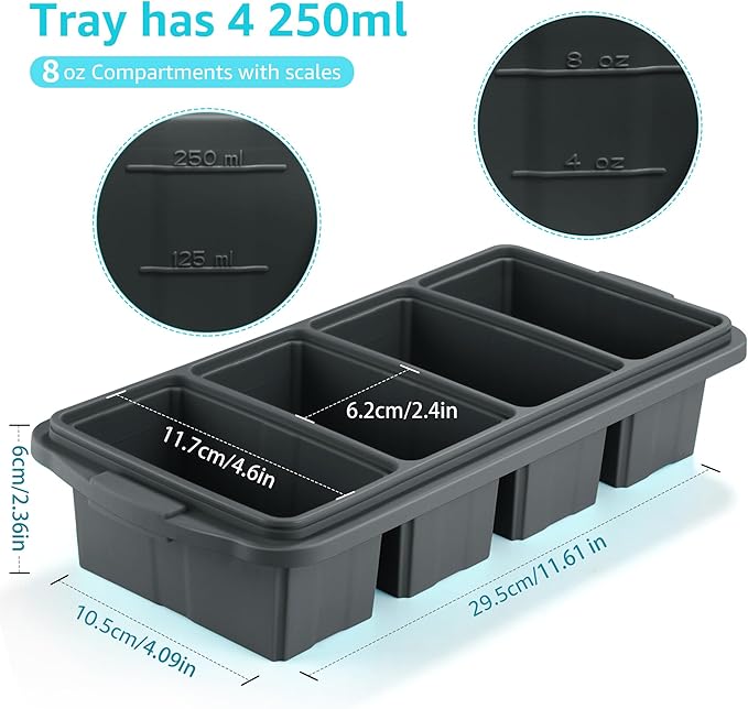 Ztomine Silicone Freezer Tray With Lid - Silicone Freezer Food Molds- Large Ice Cube Tray,Silicone Freezer Container,Freeze & Store Soup, Sauce, Broth,Leftovers - Makes 4 Perfect 1 Cup - Image 7