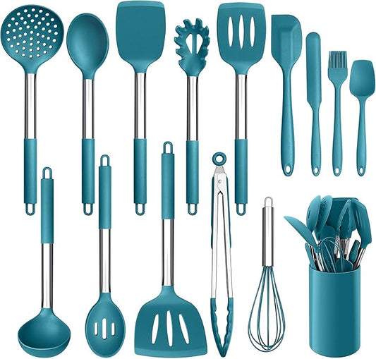 LIANYU 15-Piece Kitchen Cooking Utensils Set with Holder, Silicone Kitchen Tools Stainless Steel Handle, Slotted Spatula Spoon Turner Tong Whisk Brush for Cooking, Dark Blue by LIANYU