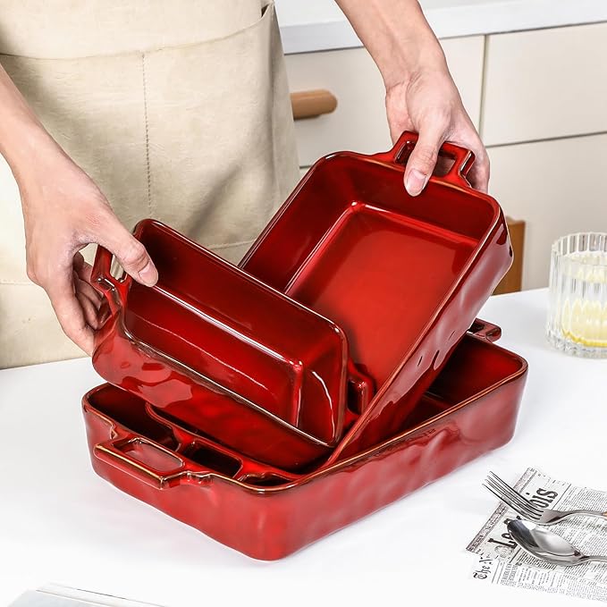 VICRAYS Ceramic Bakeware Set, Porcelain Rectangular Baking Dish, Baking Pan Lasagna Pans Casserole Dish Set for Cooking, Kitchen, Cake Dinner, Banquet, 3 PCS, 15 x 8.5 Inches (Cherry Red) - Image 6