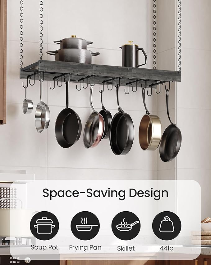 CHOEZON Hanging Pot Rack, 35.4" L x 13" W Ceiling Pot Hanger, Industrial Style Pot Rack, Wall Mounted Pot Hanger for Kitchen, Pot and Pan Hanging Rack, with Hooks, Charcoal Black and Black TPR12BCC1 - Image 5