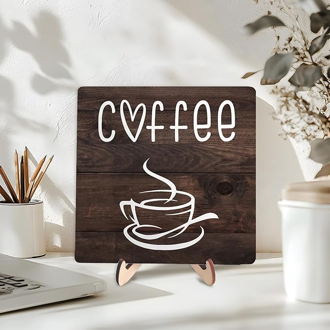 Coffee Bar Sign Plaque Decor,Coffee Bar Accessories,Rustic Wooden Tabletop Plaque with Stand, Minimalist Farmhouse Kitchen Counter Sign,Cute Mini Café Bar Decor Gift (Brown2, 5.9x5.9inches) - Image 3