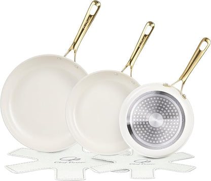 Chef Power Ceramic Frying Pan with Stainless Steel handle 5Pcs Set, Non Stick Grill Pan Set, Dishwasher and Oven Safe, Cream White and Light Gold Handle by ChefPower
