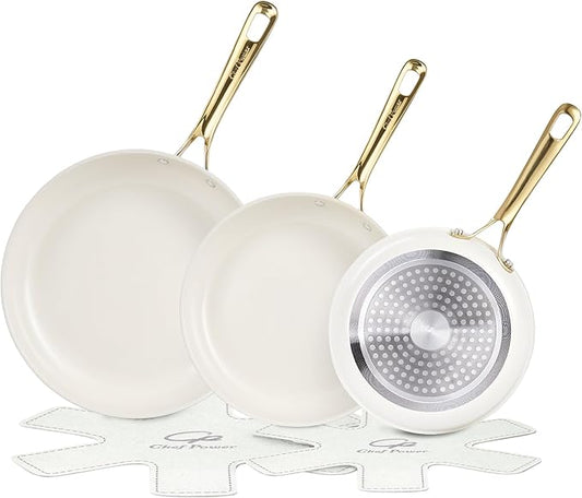 Chef Power Ceramic Frying Pan with Stainless Steel handle 5Pcs Set, Non Stick Grill Pan Set, Dishwasher and Oven Safe, Cream White and Light Gold Handle by ChefPower
