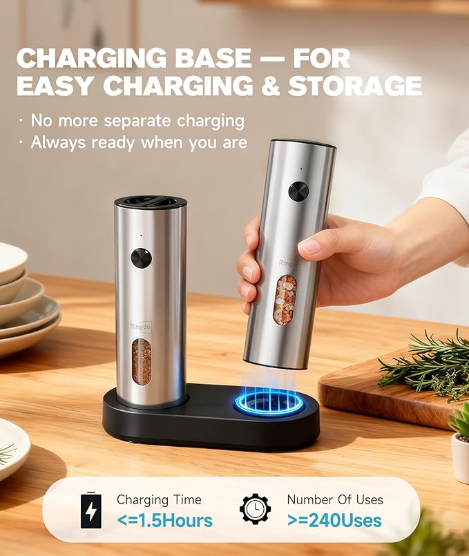 Electric Salt and Pepper Grinder Set with Charging Base, Rechargeable Salt and Pepper Mill with Adjustable Coarseness, LED Light, 110ml Large Capacity for Kitchen, Outdoors, Gifts for Women