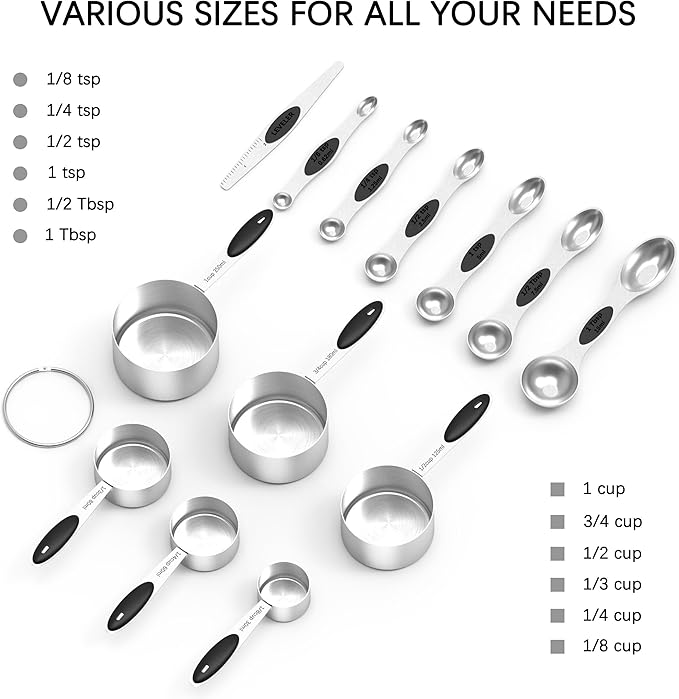 TILUCK magnetic measuring spoons set and measuring cups, stainless steel measuring cups, 6 double-sided stainless steel measuring spoons & 1 leveler (13) - Image 2