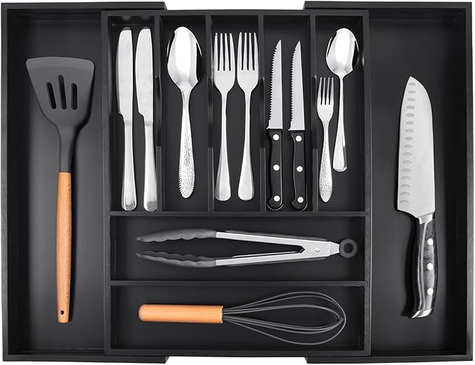 Bellsal Large Premium Bamboo Silverware Organizer - Expandable Utensil Drawer Organizer - 17"x19.6" Utensil Holder and Cutlery Tray with Grooved for Kitchen Flatware and Utensils(7-9 Slot, Black) - Image 8