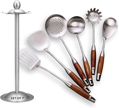 Cooking Utensils Set,7pcs 304 Stainless Steel Kitchen Utensils Set with Holder,Heat Resistant Wooden Handle Kitchen Tools by GXONEHomeKitchen