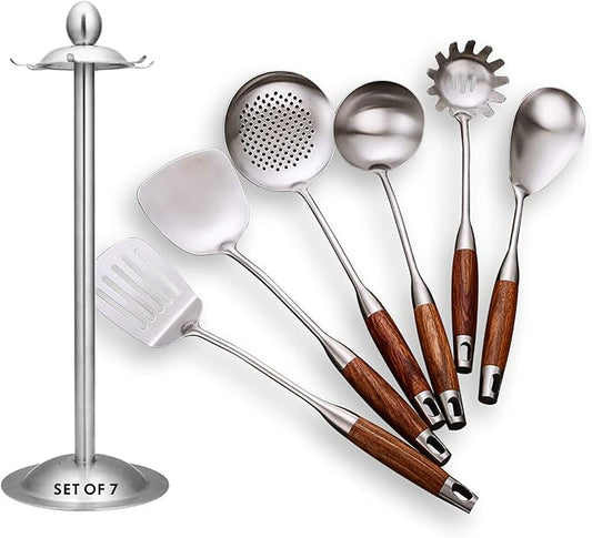 Cooking Utensils Set,7pcs 304 Stainless Steel Kitchen Utensils Set with Holder,Heat Resistant Wooden Handle Kitchen Tools by GXONEHomeKitchen