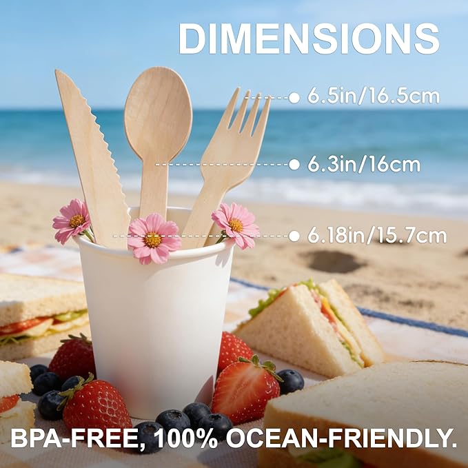 Compostable Wooden Utensils - 360 Pcs [180 Forks, 60 Knives, 120 Spoons], Disposable Cutlery, Biodegradable Wooden Silverware for Parties, Picnics, and Camping - Image 5