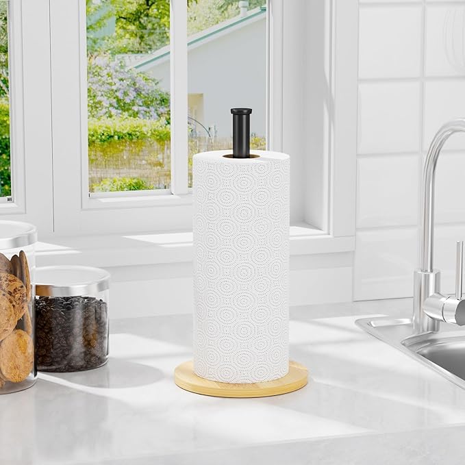 Wooden Paper Towel Holder Countertop, Black,Non-Slip Base, Stainless Steel, FreeStanding, Easy Install, Durable, Ideal for Home,RV,Bathroom,Farmhouse Essentials Decor Accessories