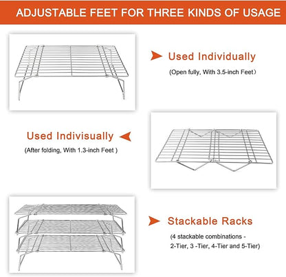 P&P CHEF Cooling Rack, 5-Tier Stainless Steel Stackable Baking Cooking Racks for Cooling Roasting Grilling, Collapsible & Heavy Duty, Oven Safe & Easy Clean, 16.5" x 11.4", Silver