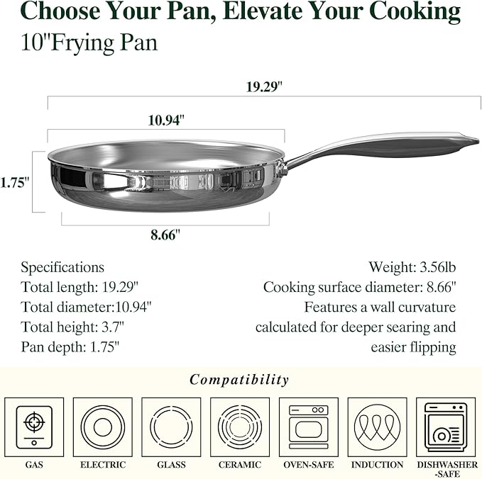 Umite Chef 10 Inch Stainless Steel Frying Pan, Non-Toxic 5 Ply Stainless Clad, Professional Skillet Cookware, Dishwasher Safe Kitchen Pan, Compatible with Induction, Oven Safe Saucepan,PFOA&PTFE Free - Image 3