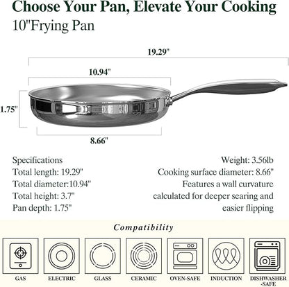 Umite Chef 10 Inch Stainless Steel Frying Pan, Non-Toxic 5 Ply Stainless Clad, Professional Skillet Cookware, Dishwasher Safe Kitchen Pan, Compatible with Induction, Oven Safe Saucepan,PFOA&PTFE Free - Image 3