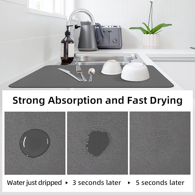LOPNUR Kitchen Dish Drying Mat, 31.5"x17" Extra Large Dish Drying Mats for Kitchen Counter, Diatomite Coffee Mat, Super Absorbent Dish Drying Pad, Heat Resistant Mat with Anti-slip Rubber Backed, Grey - Image 3