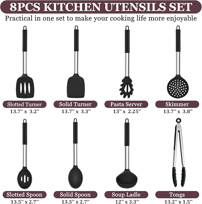 TeamFar Kitchen Utensils Set of 8, Silicone Utensils Kitchen Tools Set with Stainless Steel Handle, for Frying Serving Flipping Draining, Non-toxic & Heatproof, Nonstick & Dishwasher Safe - Black - Image 2