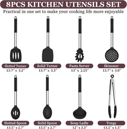 TeamFar Kitchen Utensils Set of 8, Silicone Utensils Kitchen Tools Set with Stainless Steel Handle, for Frying Serving Flipping Draining, Non-toxic & Heatproof, Nonstick & Dishwasher Safe - Black - Image 2