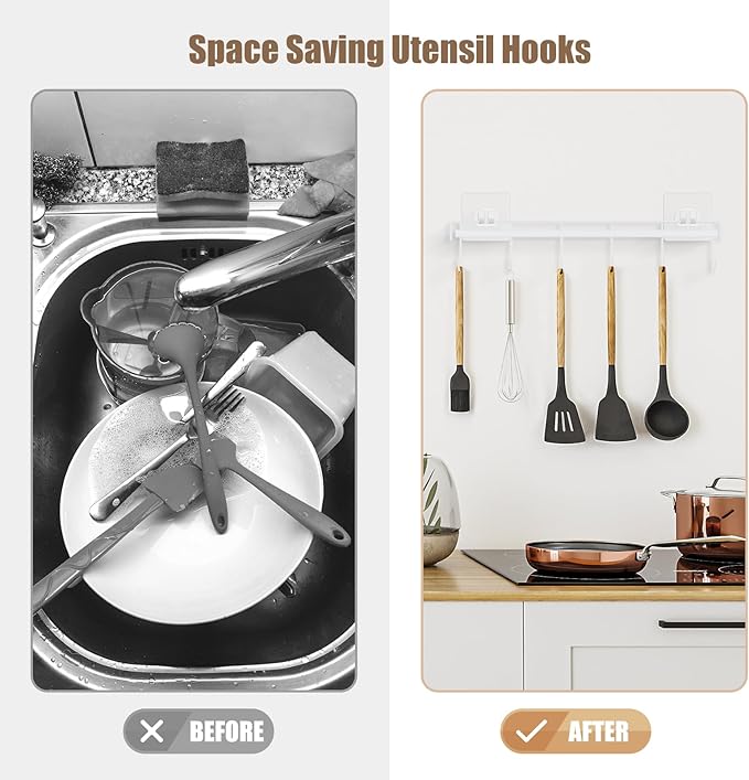 Kitchen Utensil Hanger, Adhesive Utensil Holder Wall Mount Kitchen Rack Rail with 12 Hooks, Space Saving and No Drilling, White, 2 Pcs - Image 4