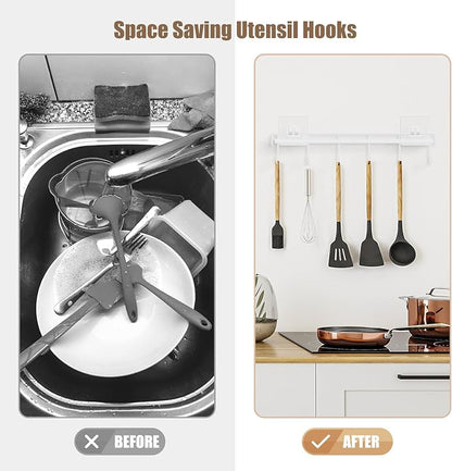 Kitchen Utensil Hanger, Adhesive Utensil Holder Wall Mount Kitchen Rack Rail with 12 Hooks, Space Saving and No Drilling, White, 2 Pcs - Image 4