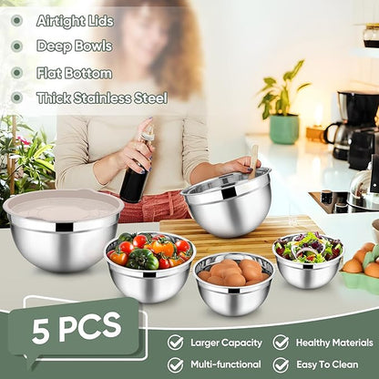 TeamFar Mixing Bowls with Lids, 5-Piece Stainless Steel Metal Nesting Salad Bowl for Mixing Prepping, Healthy & Heavy Duty, Airtight Lids & Dishwasher Safe, 4.5/3/1.5/1/0.7 QT-Khaki - Image 3