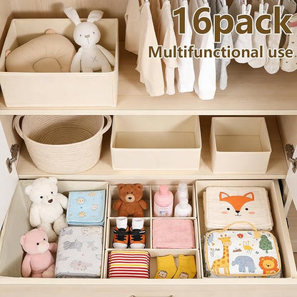 Drawer Organizer Clothes, 16 Pack Dresser Organizer Bins, Foldable Closet Organizers and Storage Fabric Dresser Bins, Shallow Drawer Dividers for Clothing, Underwears, Socks, Tie