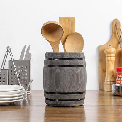 MyGift Wine Barrel Design Kitchen Utensil Crock, Vintage Gray Solid Wood Cooking Tool Holder - Image 2