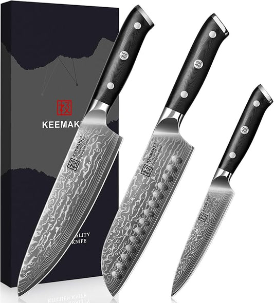 KEEMAKE Damascus Kitchen Knife Set, 3 PCS Japanese Knife Sets with Full Tang Ergonomic Handle, 67 Layers Damascus Chef Knives, Gift Box for Men Husband