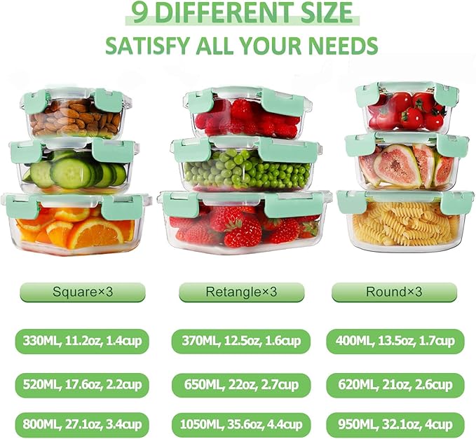 HOMBERKING Glass Food Storage Containers with Lids, [18 Piece] Glass Meal Prep Containers, Airtight Lunch Bento Boxes, BPA-Free & Leak Proof (9 lids & 9 Containers) - Blue - Image 2