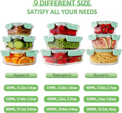 HOMBERKING Glass Food Storage Containers with Lids, [18 Piece] Glass Meal Prep Containers, Airtight Lunch Bento Boxes, BPA-Free & Leak Proof (9 lids & 9 Containers) - Blue - Image 2
