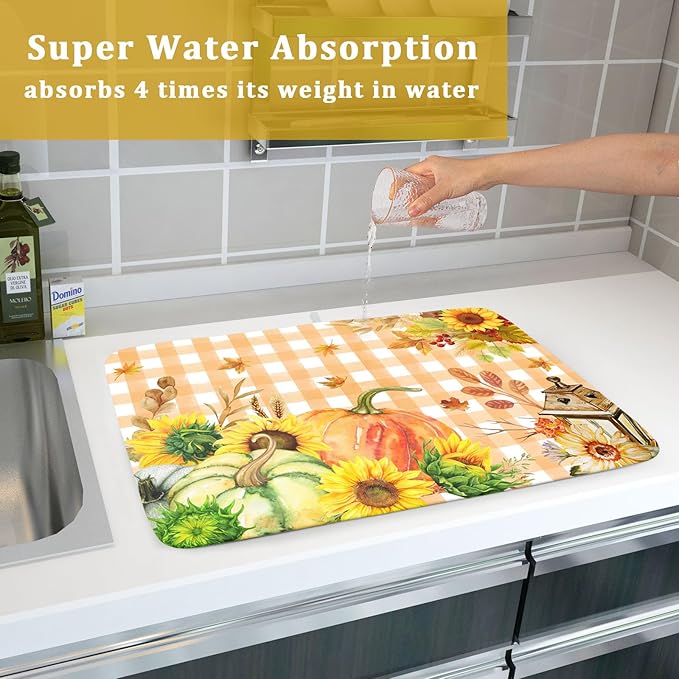 Autumn Maple Leaf Orange White Check Plaids Dish Drying Mat for Kitchen Counter,Fall Sunflower Pumpkin Drying Mat 18 x 24 Inch with Absorbent Reversible Microfiber Dish Drying Pad for Coffee Bar - Image 7