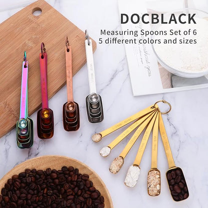 DOCBLACK 6PCS Measuring Spoons Set, Premium Heavy Duty Stainless Steel Metal Kitchen Measuring Tools Set, for Cooking Baking, for Dry or Liquid, Fits in Spice Jar - Rose Gold