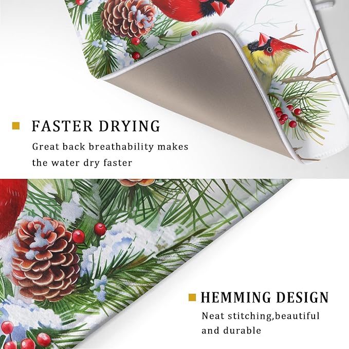 Giwawa Red Birds Dish Drying Mat, Xmas Tree Branch Holly Red Berries Dish Drainer Mats, Winter Snow Pine Cones Reversible Dish Drying Rack Pad Protector for Kitchen Countertop Decor, 18"x24"