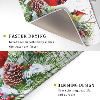 Giwawa Red Birds Dish Drying Mat, Xmas Tree Branch Holly Red Berries Dish Drainer Mats, Winter Snow Pine Cones Reversible Dish Drying Rack Pad Protector for Kitchen Countertop Decor, 18"x24"