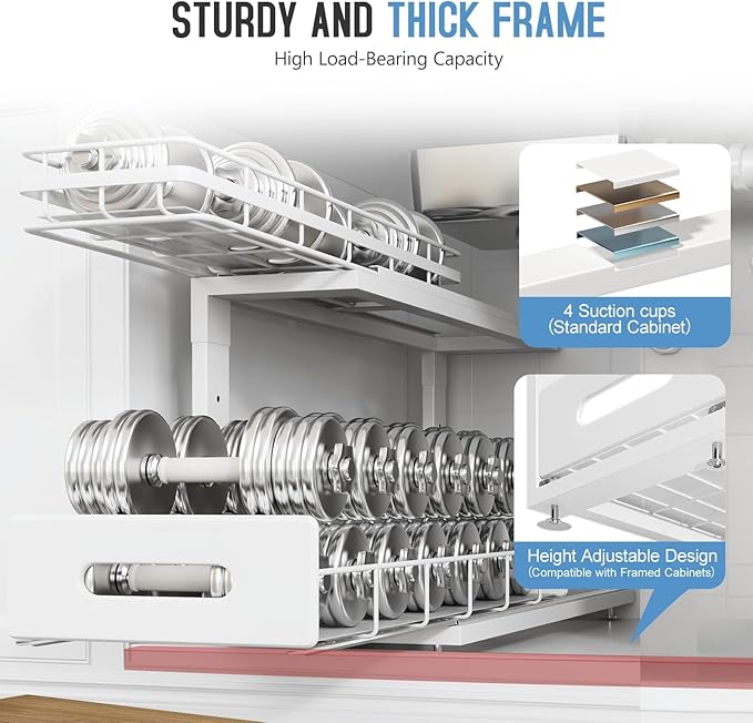 Under Sink Organizer Upgrade To Professional Rails,2-Tier Dual Pull Out Cabinet Storage,Height Adjustable Slide Out Drawers For Bathroom Kitchen,2 Pack-21"Dx12.8"-16.9"H,White - Image 4