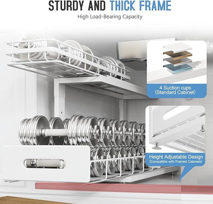Under Sink Organizer Upgrade To Professional Rails,2-Tier Dual Pull Out Cabinet Storage,Height Adjustable Slide Out Drawers For Bathroom Kitchen,2 Pack-21"Dx12.8"-16.9"H,White - Image 4