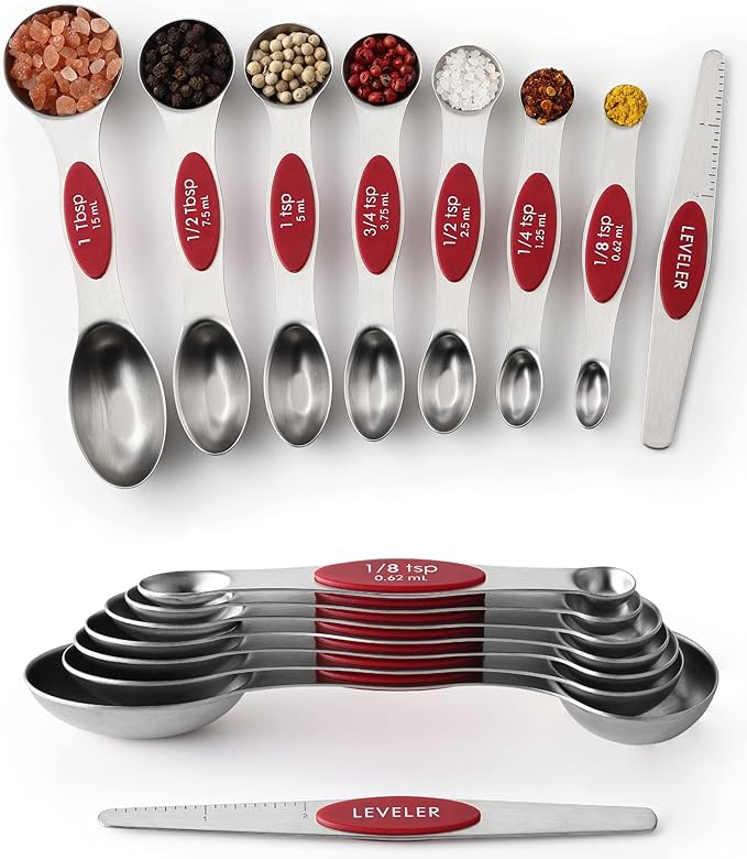 Spring Chef Red Stainless Steel Magnetic Measuring Spoons Set of 8 with Leveler, Metal Teaspoon & Tablespoon Measuring Spoons with Strong Magnets, Kitchen Gadgets for Baking & Cooking - Set of 2 by SpringChef