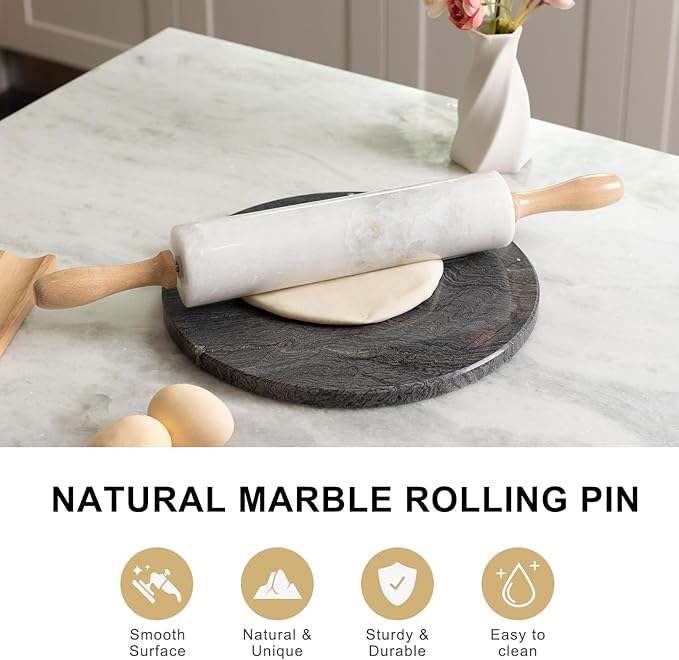 Koville White Marble Rolling Pin With Wooden Handles & Wood Cradle, 18 Inch Polished Marble Rolling Pins For Making Pizza Dough, Dough Roller For Pie Crust, Cookie, Pasta, Ergonomic Handles - Image 4
